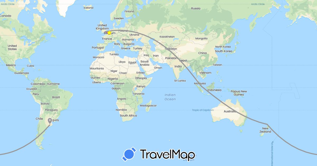 TravelMap itinerary: driving, plane, train in Argentina, Belgium, United Kingdom, New Zealand, Singapore (Asia, Europe, Oceania, South America)